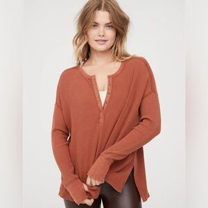Aerie OFFLINE Waffle Henley T-Shirt Rust XS